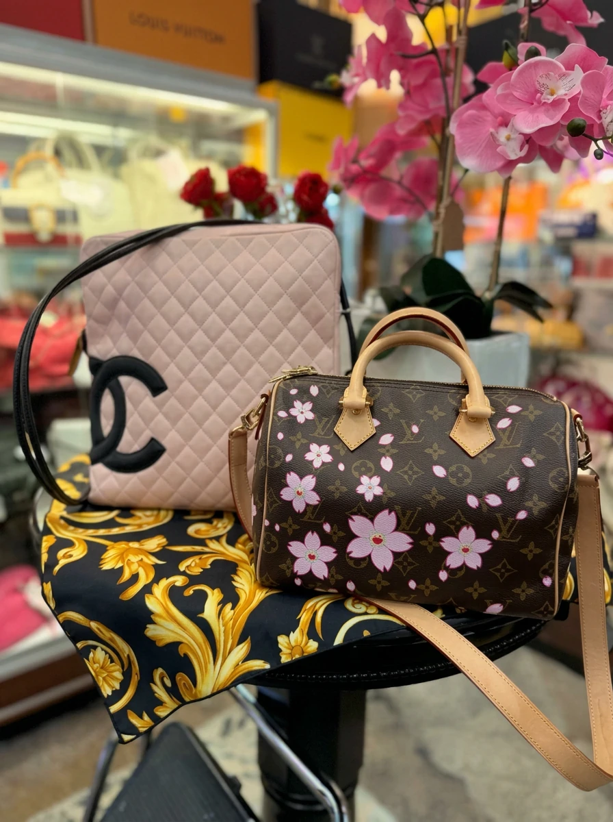 Designer handbags displayed with pink orchids inside Sassy Sisters